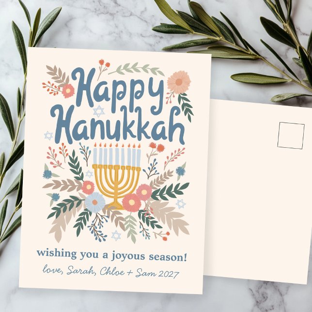 Hanukkah Blommigts Hand-draw Art ANPASSNINGSBAR Helg Vykort (Hanukkah FLorals Hand-drawn Art CUSTOM Holiday Postcard
)