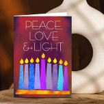 Hanukkah Blue Boho Candles on Red Peace Kärlek Lig Helgkort<br><div class="desc">"Fred, kärlek och ljus." En lekfull, modern, konstgjord illustration av boho mönster-ljus på en menorah hjälper dig att vaktera helgdag av Hanukkkah. Blåljus med färglöst faux foil mönster täcker över en rik, djup, nedbränd röd orange och texturerad bakgrund. Känn julhelgens värme och glädje när du skickar det här fantastiska, färgstarka...</div>