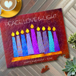 Hanukkah Blue Boho Candles on Red Peace Kärlek Lig Pussel<br><div class="desc">"Fred, kärlek och ljus." En lekfull, modern, konstgjord illustration av boho mönster-ljus på en menorah hjälper dig att vaktera helgdag av Hanukkkah. Blåljus med färglöst faux foil mönster täcker över en rik, djup, nedbränd röd orange och texturerad bakgrund. Känn julhelgens värme och glädje när du användor det här fantastiska, färgstarka...</div>