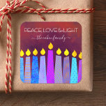 Hanukkah Blue Boho Candles Red Peace Kärlek Light Fyrkantigt Klistermärke<br><div class="desc">"Fred, kärlek och ljus." En lekfull, modern, konstgjord illustration av boho mönster-ljus hjälper dig att sätta dig in i Hanukkahs helgdag. Blåljus med färglöst faux foil mönster täcker över en rik, djup, nedbränd röd orange och texturerad bakgrund. Känn julhelgens värme och glädje när du användor den här häpnadsväckande, färgstarka, personlig,...</div>