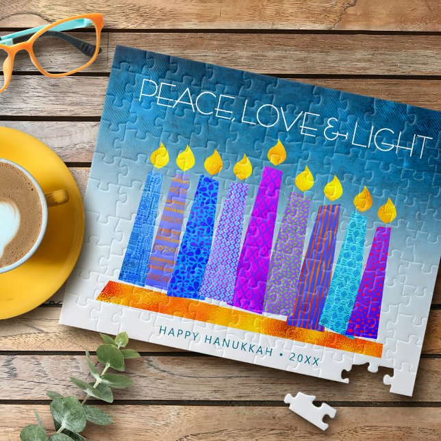 Hanukkah Blue Candles Turcos Peace Kärlek Light Pussel (Skapare uppladdad)