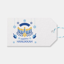 Hanukkah Blue Guld Menorah Dreidel Snöflingor Presentetikett