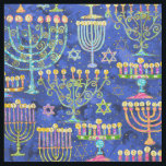 Hanukkah Blue Guld Menorah Star i David Mönster Tyg<br><div class="desc">Hanukkah-väven har en mönster av menorah och stjärnan av David i blått,  turkos,  guld,  rosa och grönt. Perfekt för helgdag,  inredning och kläder. Designad av världsberömd konstnär ©Tim Coffey.</div>