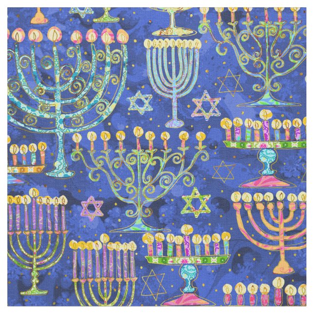Hanukkah Blue Guld Menorah Star i David Mönster Tyg (Närbild)