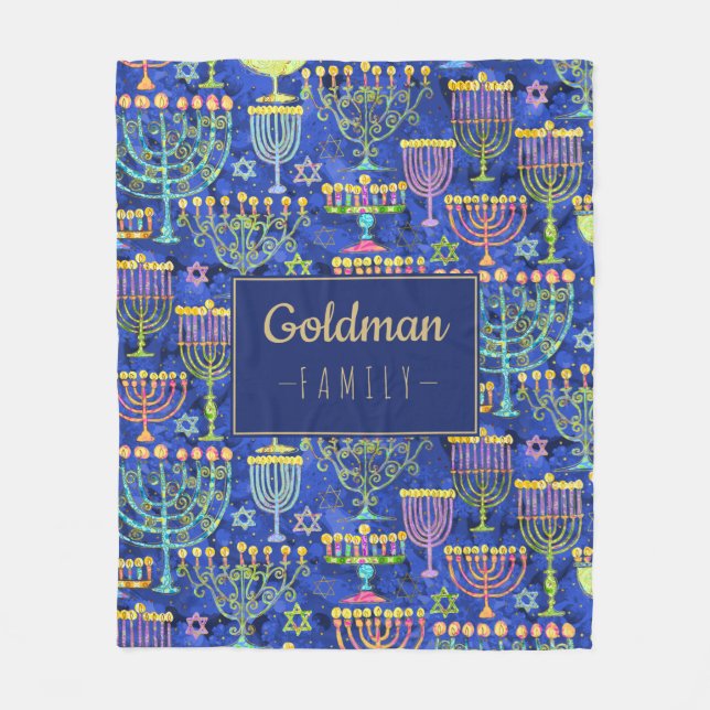 Hanukkah Blue Guld Menorah Star i David Namn Fleecefilt (Framsidan)