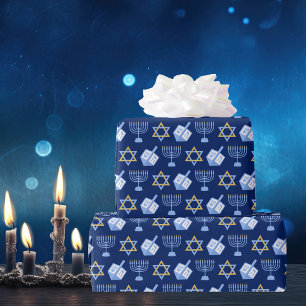 Hanukkah Blue Menorah Dreidel Mönster Chanukah Presentpapper