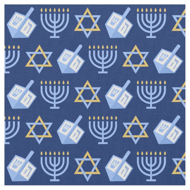 Hanukkah Blue Menorah Dreidel Mönster Chanukah Tyg (Närbild)