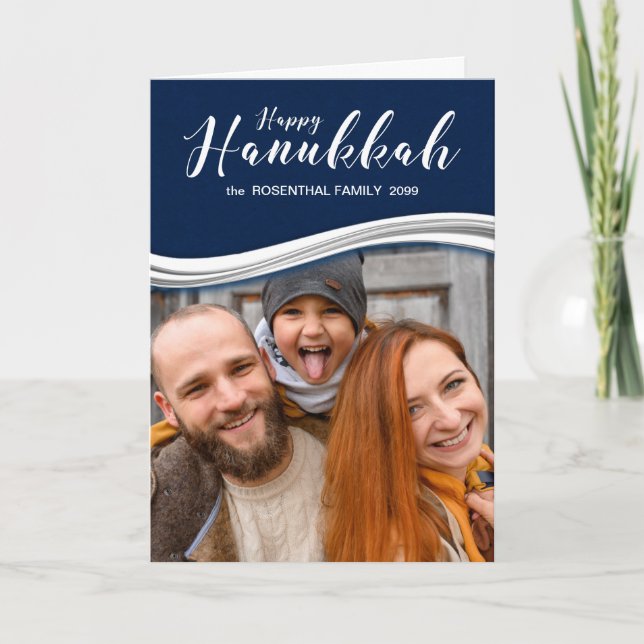 Hanukkah Blue och White med ditt foto och Namn Helgkort (Framsida)