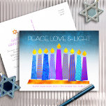 Hanukkah Boho Candles Turcos Peace Kärlek Light Helg Vykort<br><div class="desc">"Fred, kärlek och ljus." En lekfull, modern, konstgjord illustration av boho mönster-ljus på en menorah hjälper dig att vaktera helgdag av Hanukkkah. Blåljus med färglöst faux foil mönster täcker över en turkoshöjning till vit texturerad bakgrund. På baksidan skriver du in din personliga kopia med hjälp av den enkla mall som...</div>