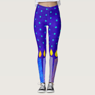 Hanukkah Boho Candles Turquise Star of David Blue Leggings