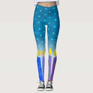 Hanukkah Boho Candles Turquise Star of David Teal Leggings
