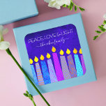Hanukkah Bold Candles Blue Peace Kärlek Light Namn Fyrkantigt Klistermärke<br><div class="desc">"Fred, kärlek och ljus." En lekfull, modern, konstgjord illustration av boho mönster-ljus hjälper dig att sätta dig in i Hanukkahs helgdag. Blåljus med färglöst faux foil mönster täcker över en rik, djup blå texturerad bakgrund. Känn julhelgens värme och glädje när du användor den här häpnadsväckande, färgstarka, personlig, anpassade namnet Hanukkah-dekalen....</div>