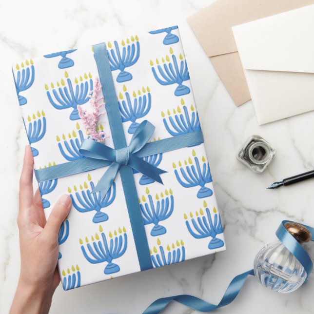 Hanukkah Botanisk Menorah Vattenfärg Blå Presentpapper (Gifting)