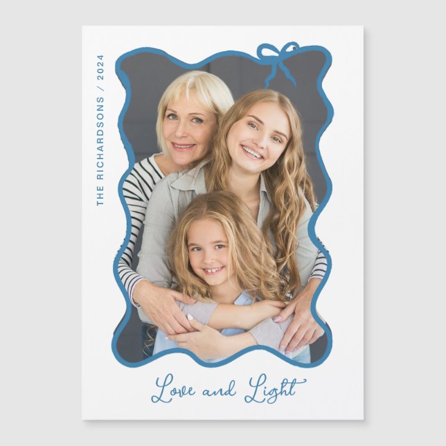 Hanukkah Bow | Blått och vitt fotohanukkah-kort (Framsida)