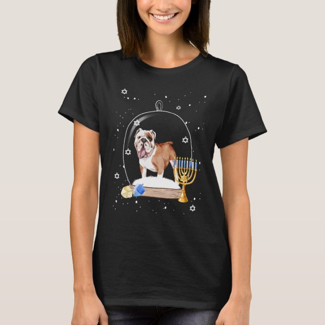 Hanukkah British Bulldog Dog Snow Globe Pajama T Shirt (Framsida)