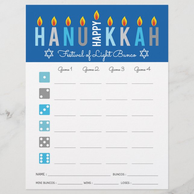Hanukkah Bunco Party-spelkort (Framsida)
