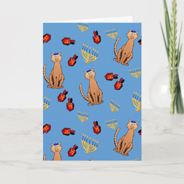 Hanukkah Cat Dreidel Blue Helgdag Card Helgkort (Framsida)