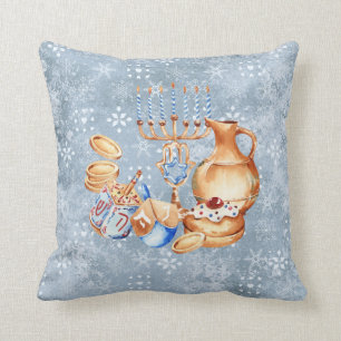 Hanukkah Chanukah Menorah Akvarell Blå Snö Kudde