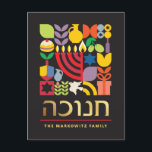Hanukkah Chanukah Menorah Jewish Stars Dreidel Helg Vykort<br><div class="desc">Hanukkah/Chanukah Colorful Modern Geometric Mönster Card med Faux Gold Foil. Menorah, Dreidel, Donuts, Stars och olivolja... De är alla här. Hebreiska och judiska Hanukkah-symboler blanksteg för att lägga till personligen. Lycklig Hanukkah önskemål. Hebreen på framsidan säger "Chanukah". Detta storskaliga, vackra, utseende är ett underbart sätt att önska vänner, familj och...</div>