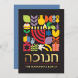 Hanukkah Chanukah Menorah Jewish Stars Dreidel Julkort<br><div class="desc">Hanukkah/Chanukah Colorful Modern Geometric Mönster Card med Faux Gold Foil. Menorah, Dreidel, Donuts, Stars och olivolja... De är alla här. Hebreiska och judiska Hanukkah-symboler blanksteg för att lägga till personligen på framsidan och baksidan. Lycklig Hanukkah önskemål. Hebreen på framsidan säger "Chanukah". Detta storskaliga, vackra, utseende är ett underbart sätt att...</div>