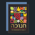 Hanukkah Chanukah Menorah Jewish Stars Dreidel Julkort<br><div class="desc">Hanukkah/Chanukah Colorful Modern Geometric Mönster Card med Faux Gold Foil. Menorah, Dreidel, Donuts, Stars och olivolja... De är alla här. Hebreiska och judiska Hanukkah-symboler blanksteg för att lägga till personligen på framsidan och baksidan. Lycklig Hanukkah önskemål. Hebreen på framsidan säger "Chanukah". Detta storskaliga, vackra, utseende är ett underbart sätt att...</div>