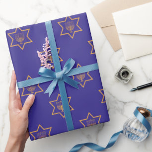 Hanukkah Chanukah Star of David Menorah Guld Blue Presentpapper