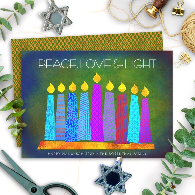 Hanukkah Chic Boho Candles Peace Kärlek Ljust grön Julkort (Skapare uppladdad)