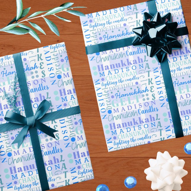 Hanukkah Collage Light Blue Coola Cute Barn Namn Presentpapper (Skapare uppladdad)