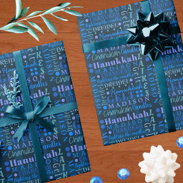 Hanukkah Collage Mörk blått Coola Cute Barn Namn Presentpapper