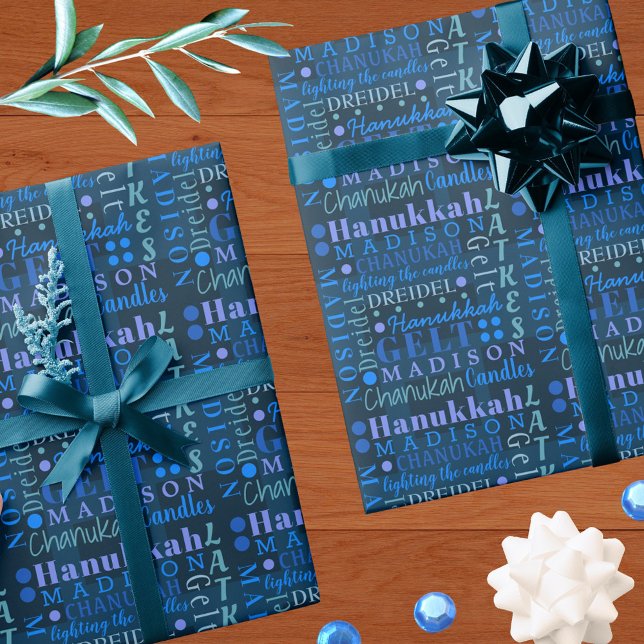 Hanukkah Collage Mörk blått Coola Cute Barn Namn Presentpapper (Skapare uppladdad)
