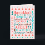Hanukkah Collage Vintage Coola Barn Namn Helgdag  Helgkort<br><div class="desc">Lägg ditt barns namn till coolan Hanukkah-samlingskort i vintagens turkosa blått och korall rosa och se namn bli en del av den moderna typografin. En blandning av typsnitt och roligtar av varm korall, djup tegel, ljusblått turkos och mörk teal i bakgrunden av pastellens rosa gör dessa unika, hopfällbara gratulationskort till...</div>