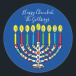 Hanukkah Colorful Menorah Hanukiah Runt Klistermärke<br><div class="desc">Colorful, Lycklig Chanukah, Hanukiah Stickers Round. Ha roligt att använda dessa klistermärken som kakor, märkre, kuvertförseglingar, stänga av väskor eller spelar ingen roll sten på dina festligheter! Anpassa genom att ta bort text och lägga till din egen ord med ditt favoritteckensnitt stil, storlek och färg. Bakgrunden till färg kan också...</div>