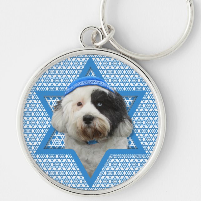 Hanukkah davidsstjärna - tibetan Terrier Rund Silverfärgad Nyckelring (Framsidan)