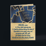 Hanukkah Define Dreidel Guld och Navy Helgkort<br><div class="desc">Lustigt "Dreidel" Hanukkah/Chanukah, hälsningskort. Njut av ett annat roligt hälsningskort. Det här roligten "Dreidel"-helgdag är bara höger för alla dina vänner och din familj i år. Som alltid kan du redigera inslag för design: flyttat, ändra storlek, rotera osv. färger i bakgrunden kan ändras. Anpassa genom att ta bort text och...</div>