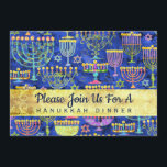 Hanukkah Dinner Guld Blue Menorah Star av David Inbjudningar<br><div class="desc">Den här eleganten inbjuds Hanukkah Dinner av en mönster av menorah och stjärnan av David i guld och blå. Anpassa alla dina middagsdetaljer på kortets baksida. Designad av världsberömd konstnär ©Tim Coffey.</div>