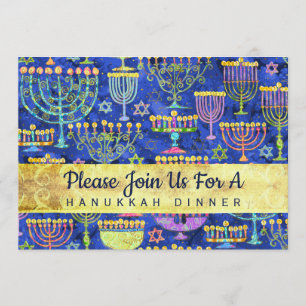 Hanukkah Dinner Guld Blue Menorah Star av David Inbjudningar