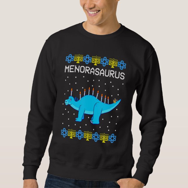 Hanukkah Dinosaur Menorasaurus Ugly Sweater Dino Lång Ärmad Tröja (Framsida)