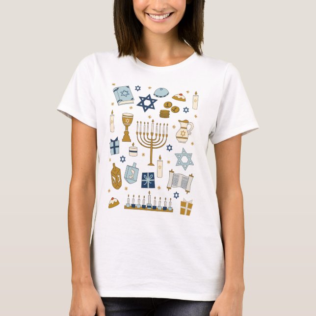 Hanukkah Doodles söta illustrerade T-Shirt (Framsida)