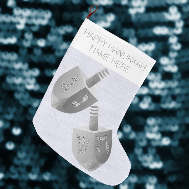 Hanukkah Dreidel Faux Silver Gnistra Chrismukkah Stor Julstrumpa (Silvery dreidels on this Hanukkah Christmas stocking are a festive touch for interfaith celebration )