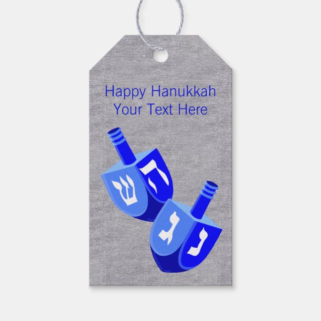 Hanukkah Dreidels in Blue Roligt Design För barn Presentetikett (Framsidan)