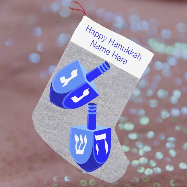 Hanukkah Dreidels in Blue Roligt Kids Chrismukkah Liten Julstrumpa (A blue dreidel holiday stocking is fun for kids - and adults - of interfaith familes )