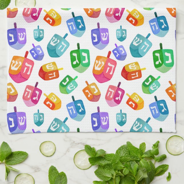 Hanukkah Dreidels Rainbow Watercolor Helgdag Kökshandduk (Vikta)