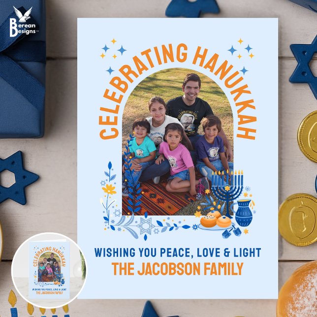 HANUKKAH FAMILY Anpassade Photo Tack Kort (Celebrating HANUKKAH card with CUSTOMIZABLE PHOTO AND TEXT for your family. Matching gifts available)
