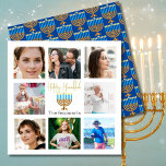 Hanukkah Family Photo Collage Guld Blue Julkort<br><div class="desc">Ett enkelt kollage med familjefotografier från det här personliga Hanukkah Greeting-kortet. Ett guld-prydnadsämne är också en del av konstruktionen. I motsatt riktning är Menorrah mönstrat på blå bakgrund. Ändra enkelt fotona för ditt eget bilder.</div>