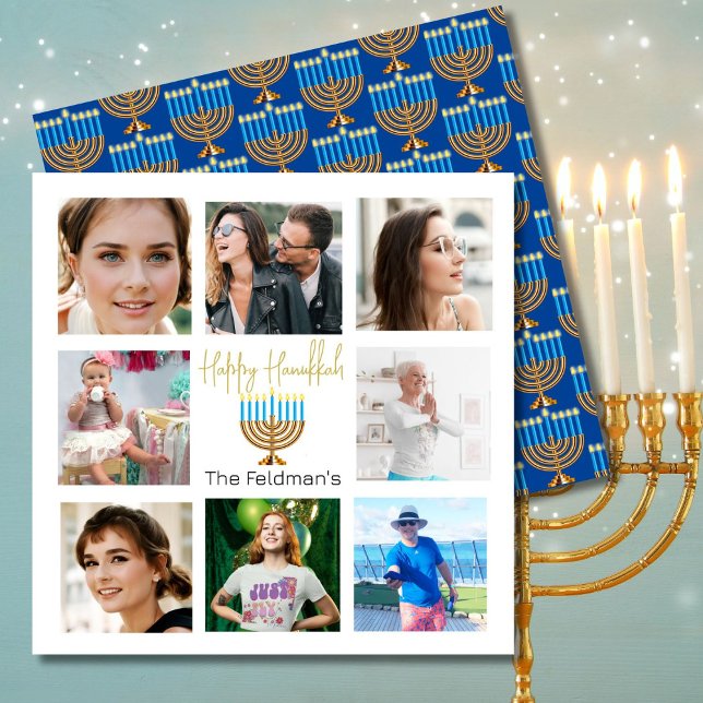 Hanukkah Family Photo Collage Guld Blue Julkort (Skapare uppladdad)