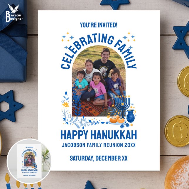 HANUKKAH FAMILY REUNION Anpassade Photo Inbjudningar (Invitation for Jewish family reunion to celebrate Hanukkah together Matching shirts, gifts, supplies)