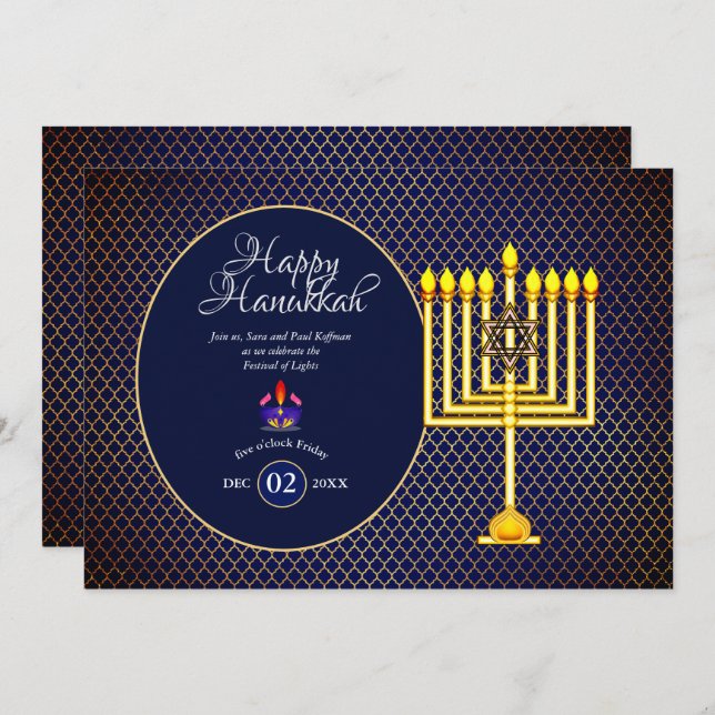 Hanukkah-fest Invitation Blå Guld Menorah 3 Inbjudningar (Fram/baksida)