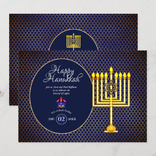 Hanukkah-fest Invitation Blå Guld Menorah 3 Inbjudningar