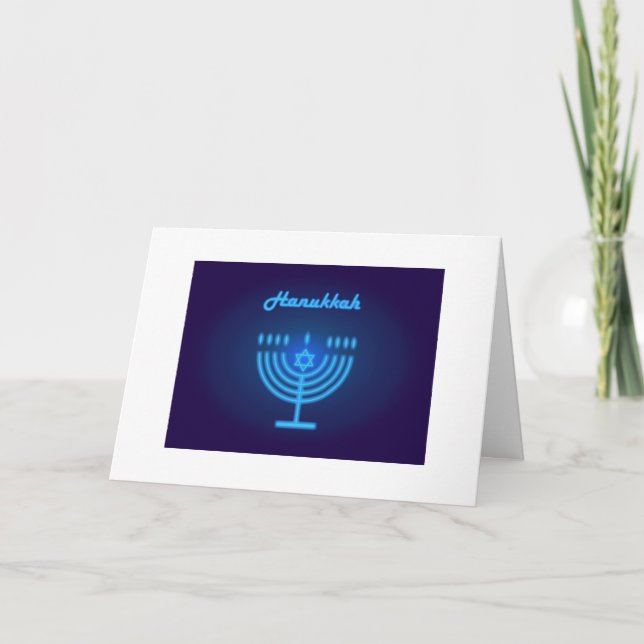 Hanukkah-festival Menorah Blå Neonljus Symbol Kort (Framsida)
