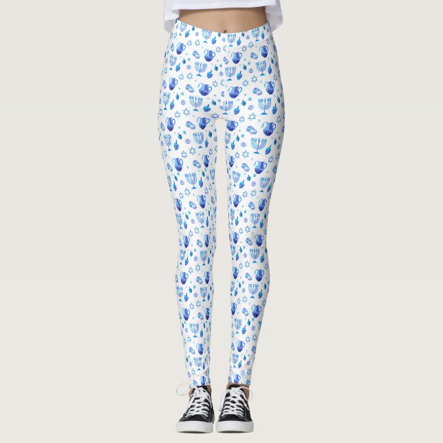 Hanukkah Festival Party Trendig Blue Doodle Mönste Leggings (Framsida)